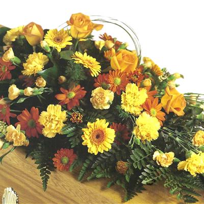 Mixed Flower Coffin Spray Orange Yellow and Gold